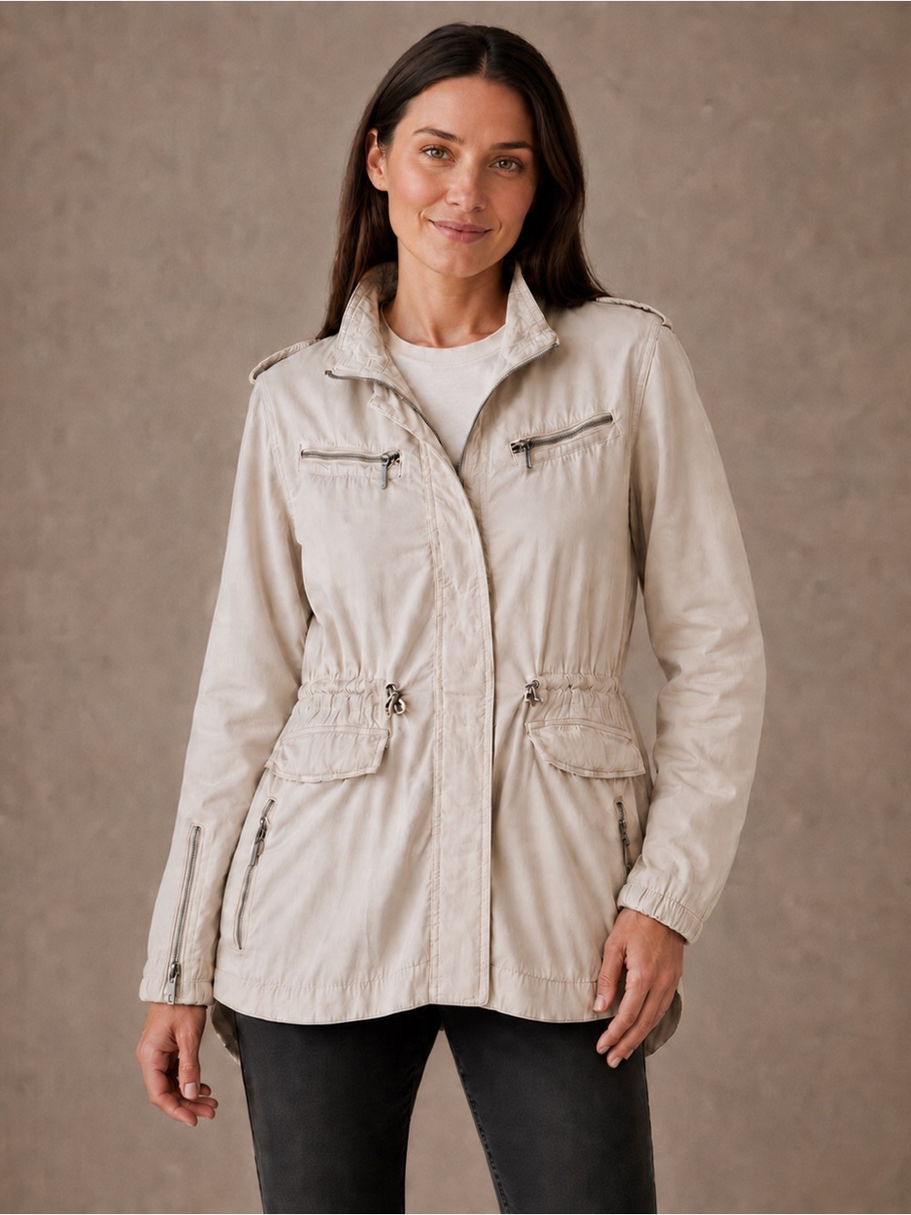 MAX Jeans Women’s Beige Tencel Utility Field Jacket Drawstring Waist Size Medium